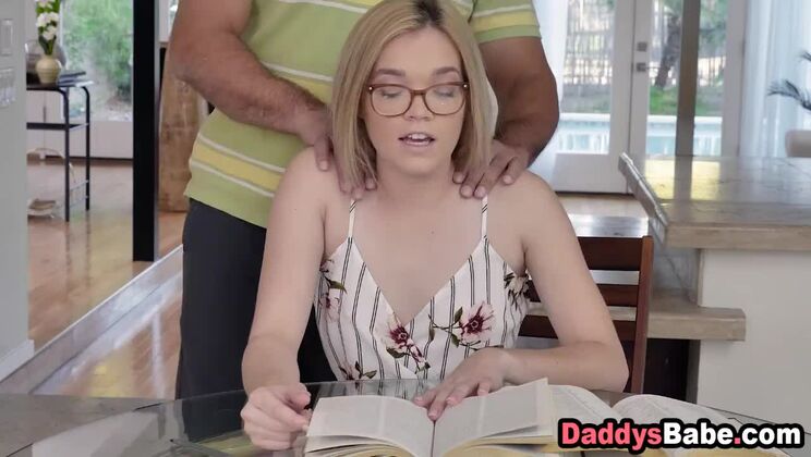 Sleazy dad massages & fucks daughter while she is studying