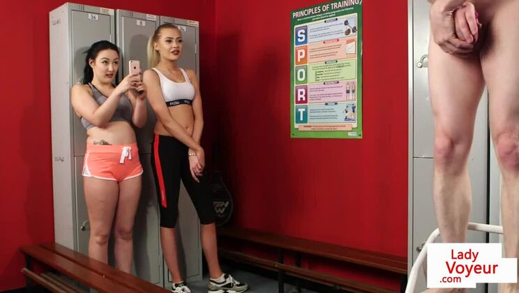Voyeur gym duo film JOI in fitness lockerroom
