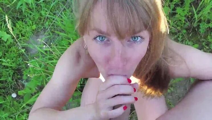 Outdoor. Public blowjob. Russian Slut in a micro-bikini sucks dick in the park