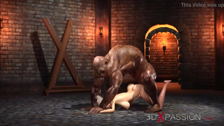 A sexy blonde gets fucked rough by a big monster in the dungeon