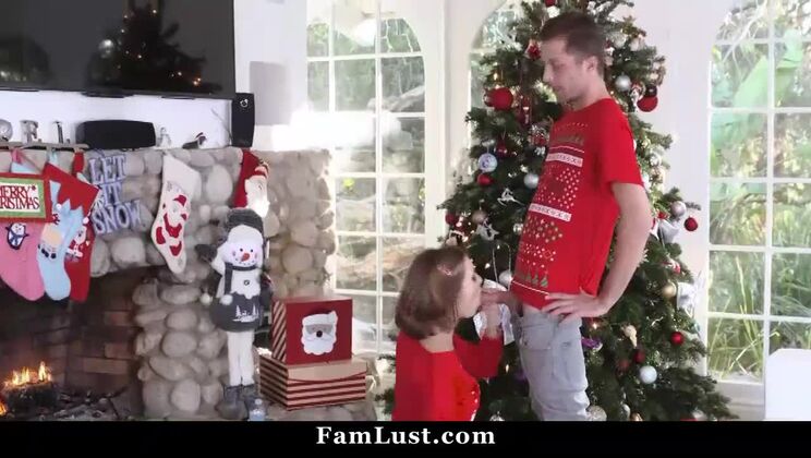 FamLust.com - Step Brother Fucks His Sister Quietly Behind Christmas Tree - Riley Mae
