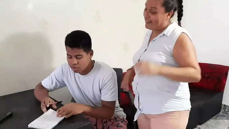 Stepmother Naty assists me with hard erection, she's an expert