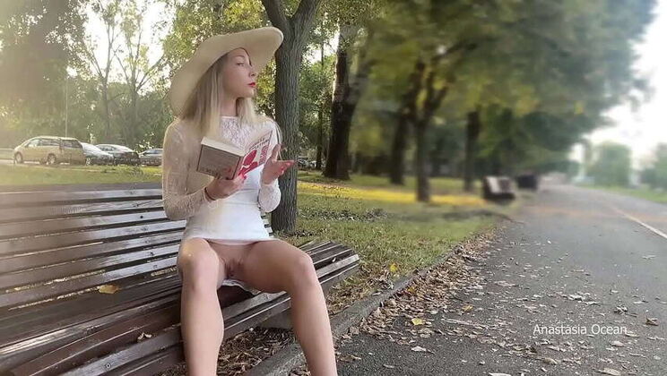 My wife, Anastasia Ocean, is publicly flashing her bare pussy in the park. Hot!