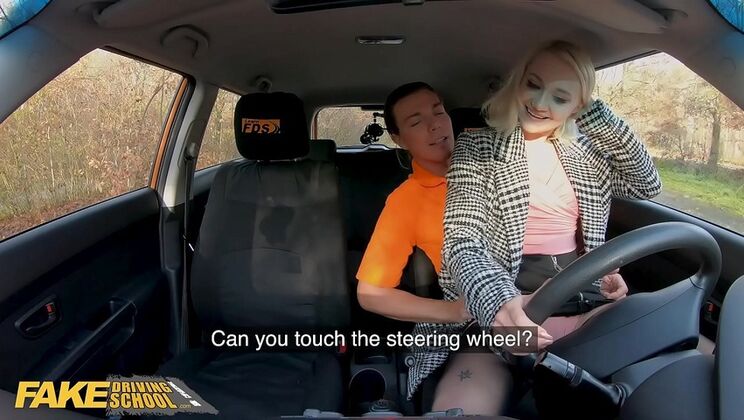Blonde Marilyn Sugar Gets Naughty in Car with Black Stockings - Fake Driving School Fun