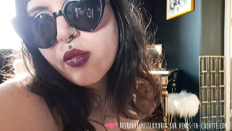 Sexy French BBW with big natural tits strips naked and fingers her shaved pussy in hot solo masturbation