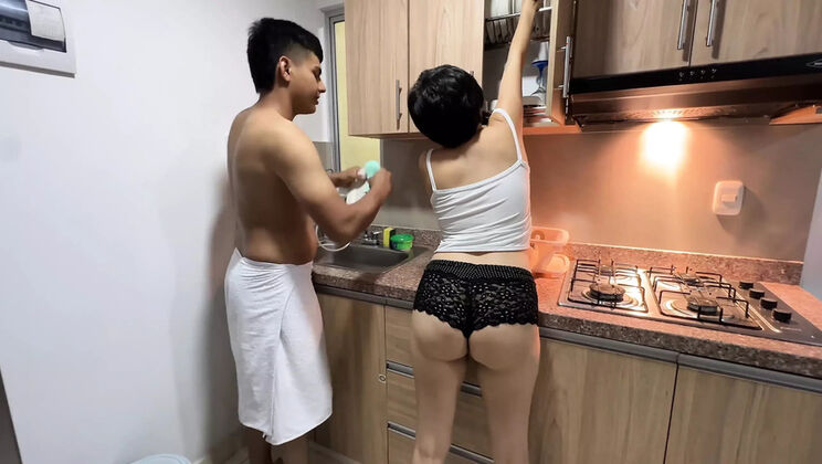 Hot Stepsister Washing Dishes in Tiny Clothes - 4K Porn HD