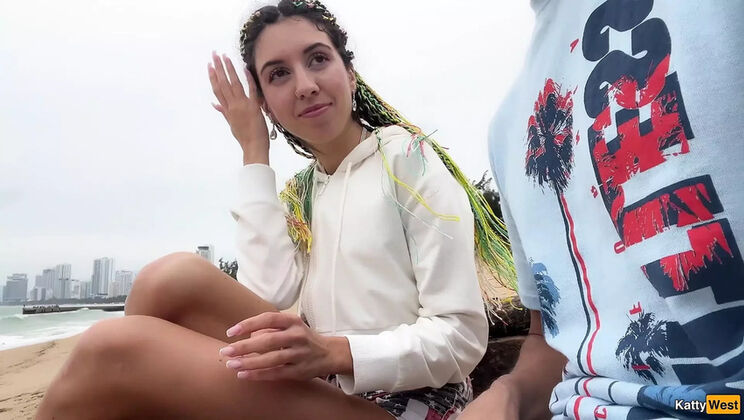 Katty West Helps Stranger Cum with Public Handjob & Blowjob on Beach - POV Close-Up!