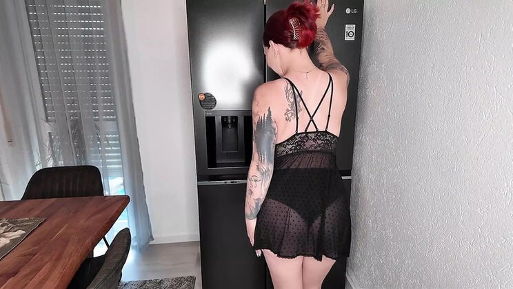 Nina Devil's Icy Glass Dildo Solo - Amateur Tattooed Euro Pussy Fun on Dining Table