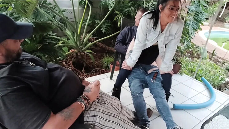 Shy Stepsister Fucked Hard by Horny Stepbrother as Friend Jerks Off in Garden