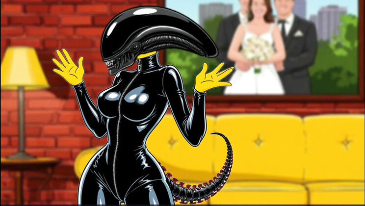 Halloween Hentai: Alien Simpsons Wife in Latex Costume Fucks Husband Hard in Wet Pussy