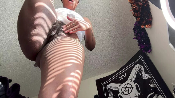 Hairy Black Slut Didi Daloress Sucks Dildo and Drips Cum in Homemade Orgasm