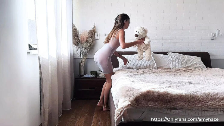 Hot Brunette Amy Haze Maid Cleaning Bedroom in See-Through Dress No Panties