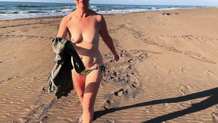 Mature MILF Dominatrix Humiliates Cuckold Husband on Nude Beach - Belgian Kmarcouple HD