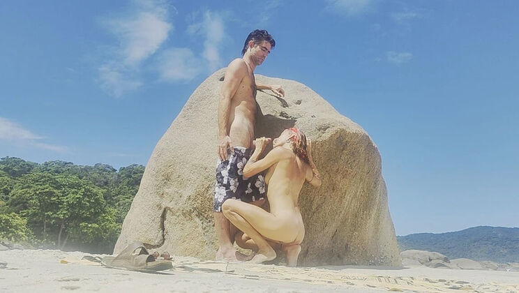 Skinny Brunette Magia Rosa Hides on Rio Beach for Outdoor Blowjob & Sex with Huge Cock