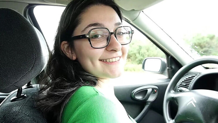 Car Blowjob in Public - Spanish Amateur with Glasses Swallows Cum