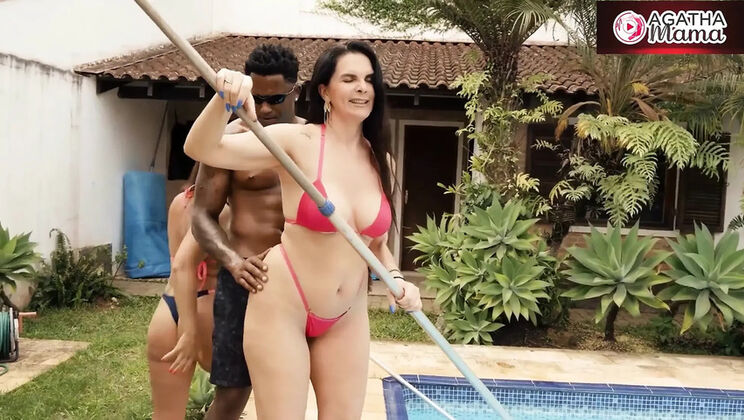 Big Tits MILF Agatha Mama & Luiza Ambiel Threesome BBC Poolside Fuck in Bikinis