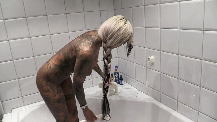 German MILF Mila Elaine with huge tits gets fucked hard in bathroom doggy style and sucks cock for a cum in mouth finish