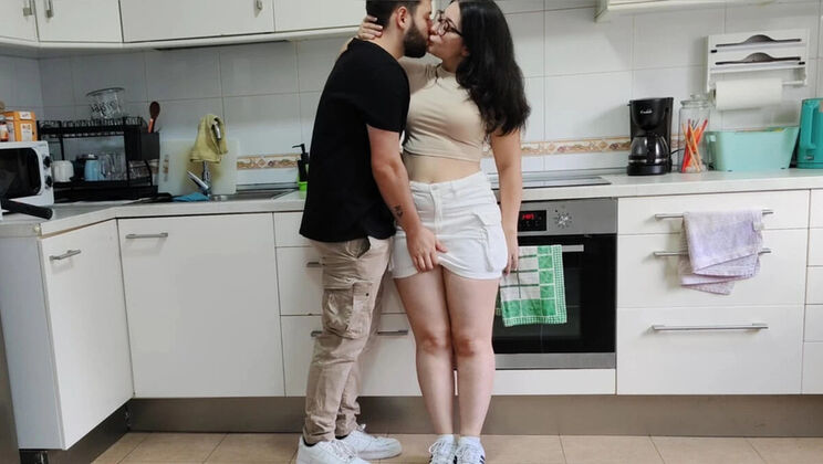 Amateur Homemade Handjob: Spanish Brunette with Natural Tits Gives Buddy a Cum in Mouth Finish in Kitchen