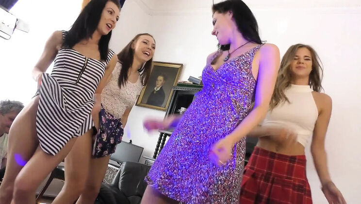 Hot Brunette Party Girls No Panties Striptease Dance for Leon Lambert - Tight Pussies & Close Up Action