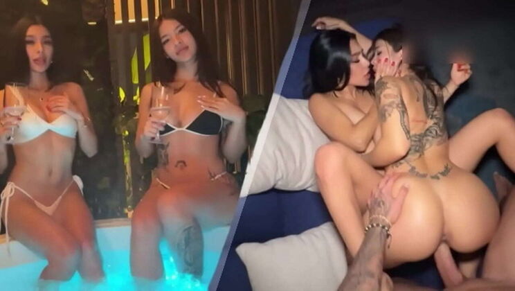 Threesome with Best Friend and Her Boyfriend! Anna Cherry Double Blowjob & Doggystyle Fuck