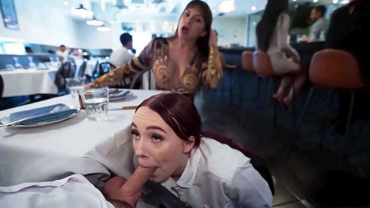 Sneaky Waitress Titty Fuck & Blowjob in Restaurant - Public Sex Caught with Big Tits Teen