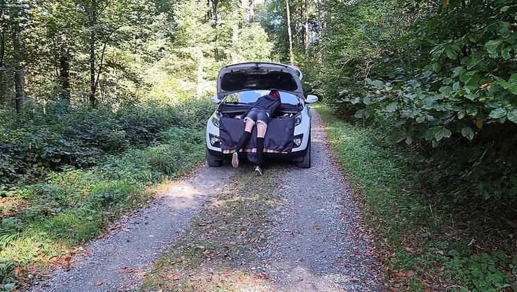 German redhead Malou-Nu gets car sex help with roadside blowjob and doggystyle fuck