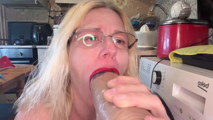 Horny stepmom in latex heels surprises stepson with huge dildo and dirty talk in kitchen