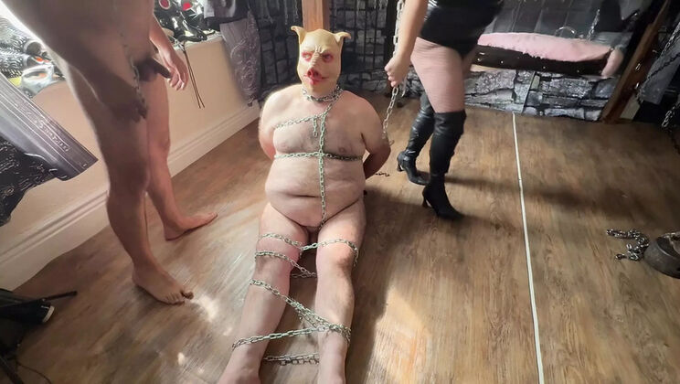 British Femdom Part 1: Piggy Slave Forced Blowjob in BDSM Bondage