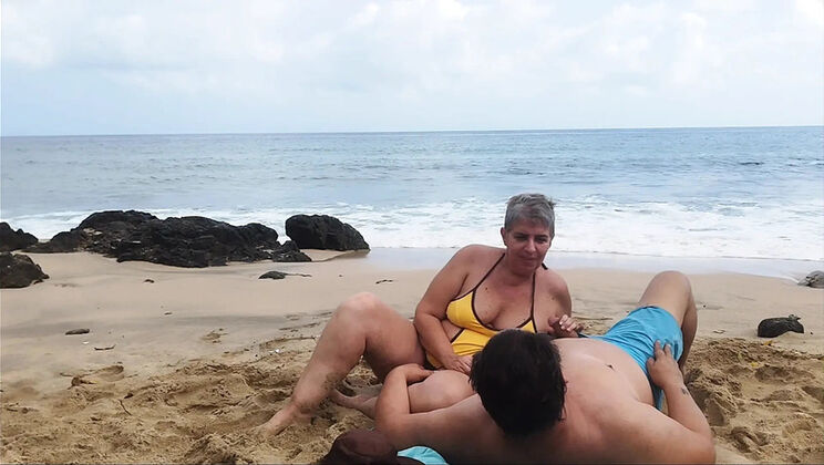 Mature Couple Almost Caught on Beach - Real Amateur Blowjob with Saggy Tits & Older Wife