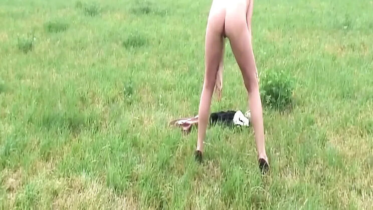 Brunette Strips Naked Outdoors Licking Lollipop